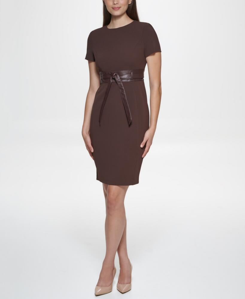 Calvin Klein Solid Faux-Leather Tie-Waist Sheath Dress - Coffee Bean Cover