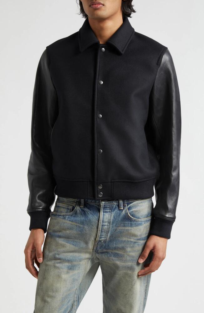 John Elliott Wool Blend & Leather Varsity Jacket in Black Cover