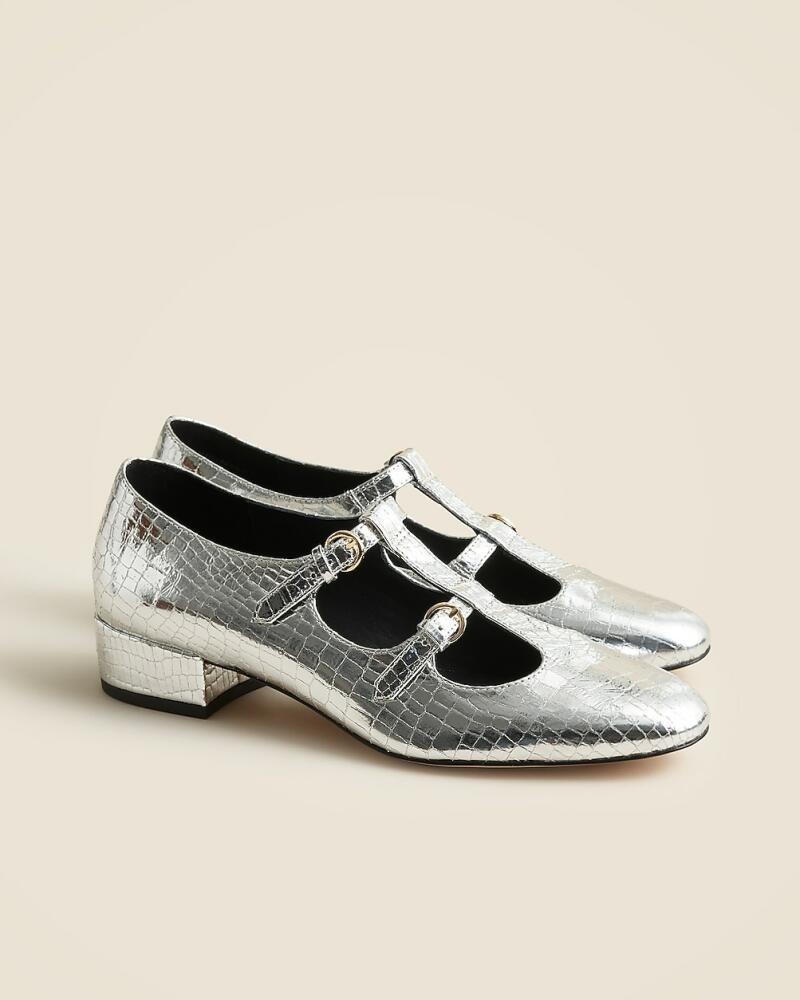 J.Crew Teagan T-strap heels in metallic croc-embossed leather Cover