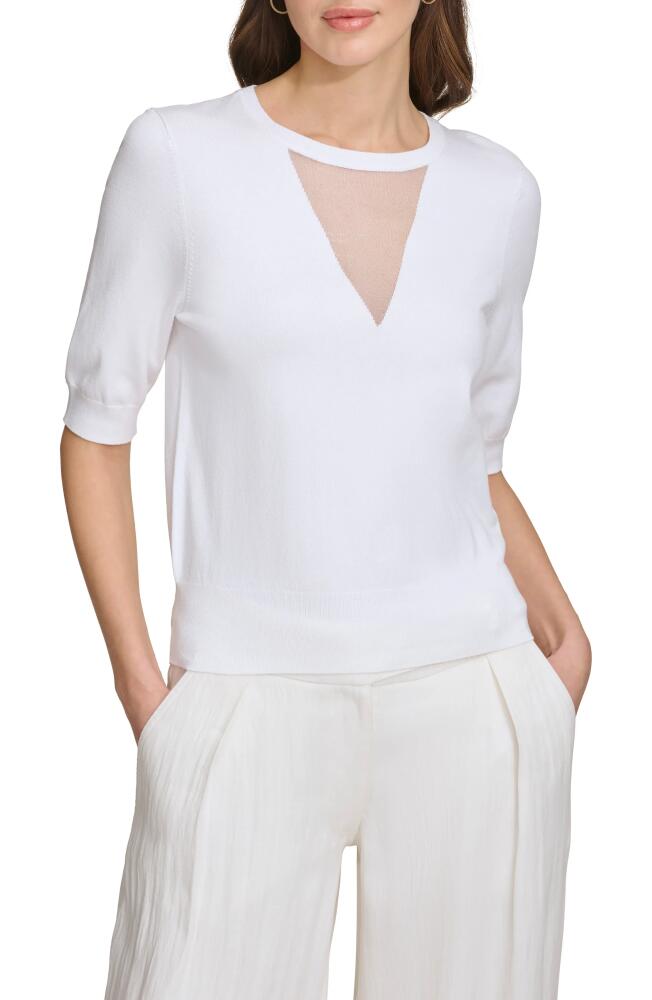 DKNY Sheer Mesh Illusion V-Neck Sweater in Ivory Cover