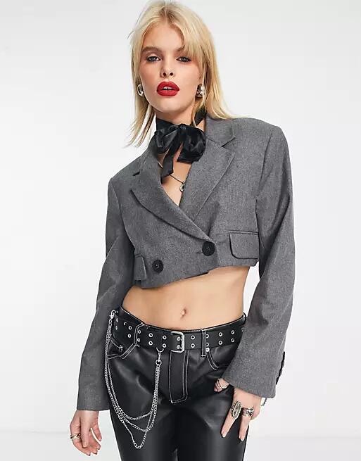 Bershka crop blazer in gray Cover