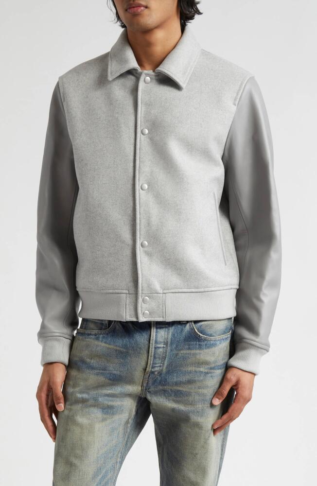 John Elliott Wool Blend & Leather Varsity Jacket in Grey Cover