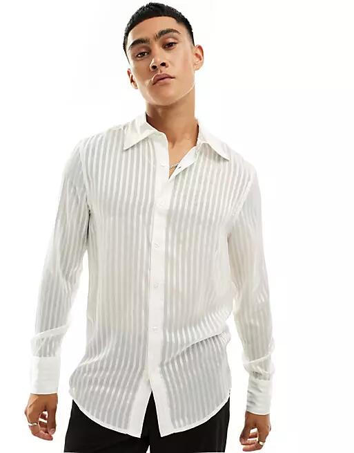 ASOS DESIGN sheer stripe shirt with 70's collar in white Cover