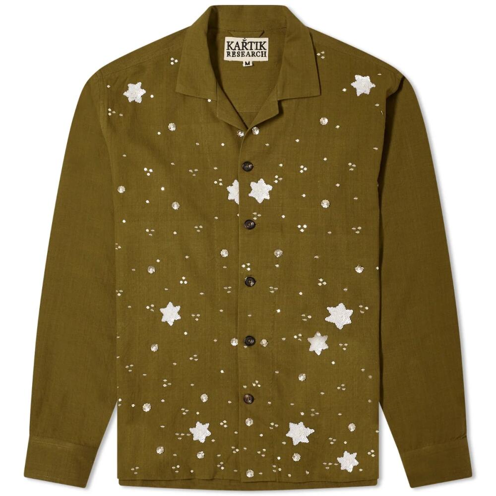 Kartik Research Men's Hand Embroiderd Flowers Long Sleeve Shirt in Moss/Gold/White Cover