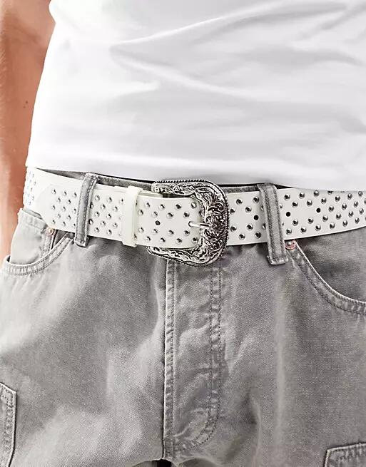 ASOS DESIGN faux leather belt with western buckle and studs in white Cover