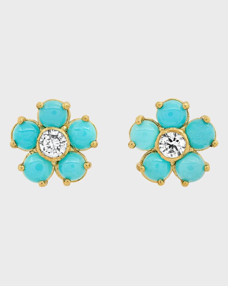 Jennifer Meyer Large Diamond Center Flower Stud Earrings with Turquoise Cover