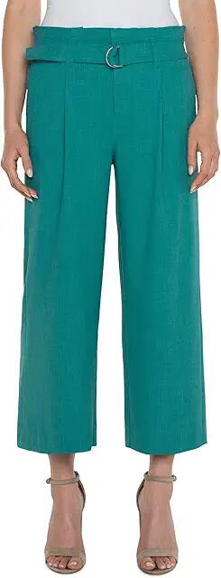 Liverpool Los Angeles Belted Mid Rise Paper Bag Wide Leg Crop Stretch Woven Trousers (Mermaid Teal) Women's Dress Pants Cover