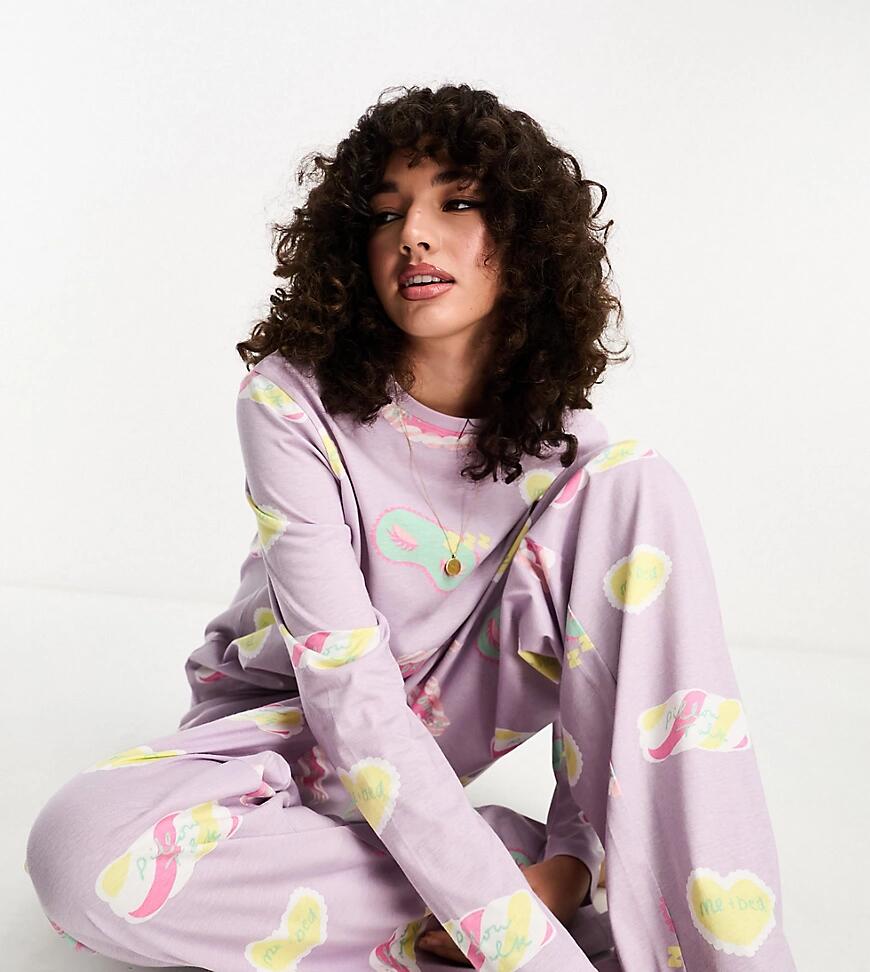 ASOS DESIGN Tall daydream long sleeve top & pants pajama set in lilac-Purple Cover