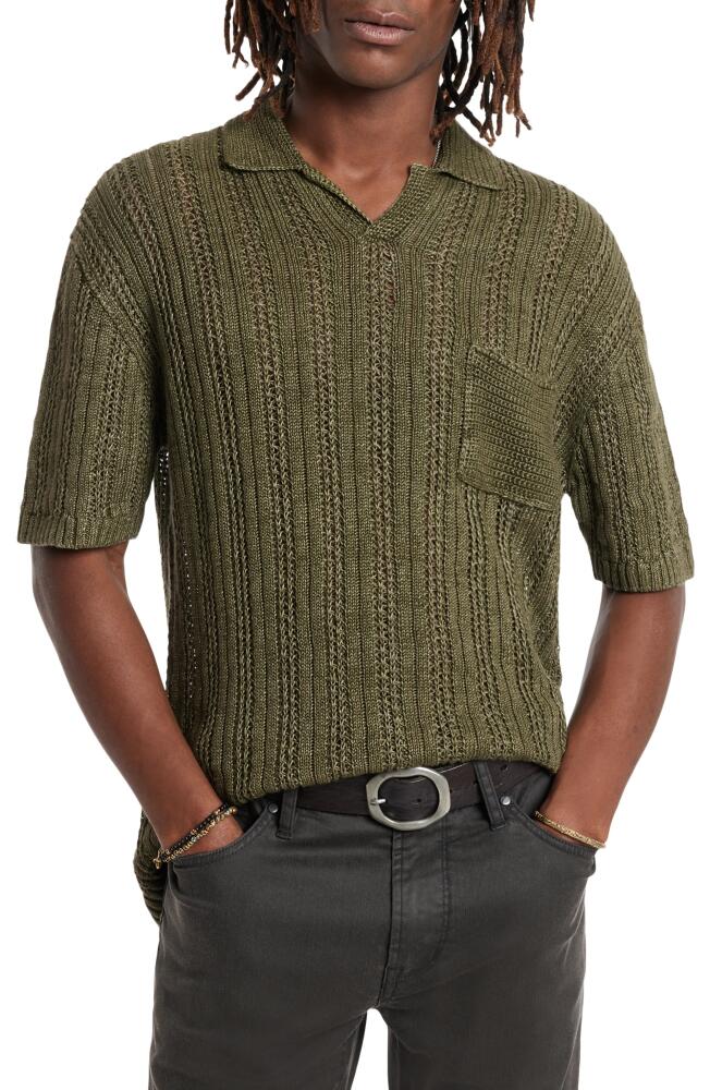 John Varvatos Odin Short Sleeve Textured Linen Sweater in Dark Moss Cover