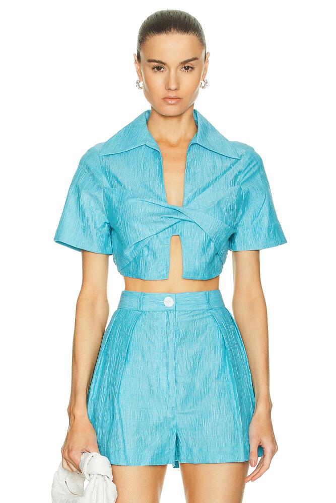 MATTHEW BRUCH Cropped Collared Twist Top in Blue Cover