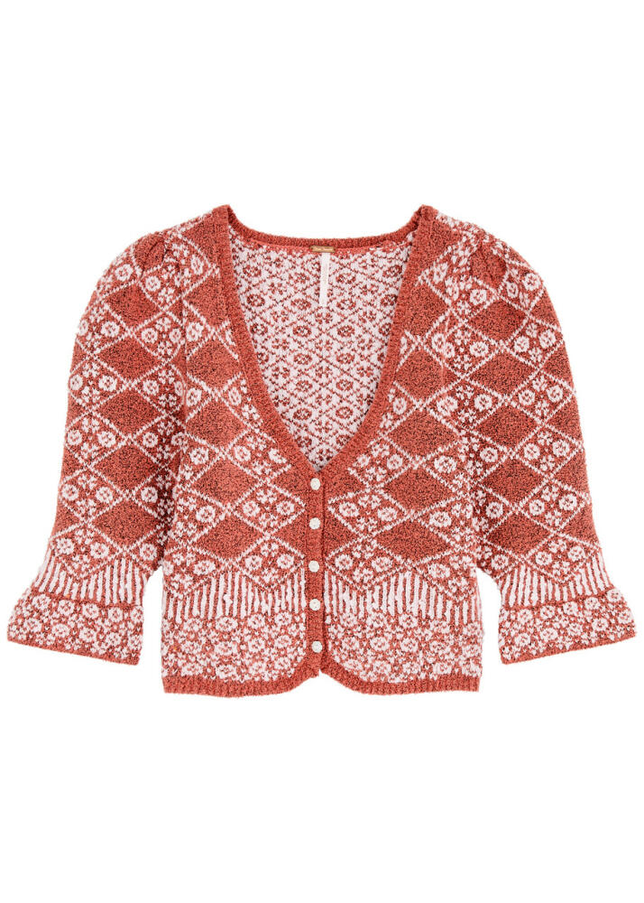 Free People Geo Cropped Cotton-blend Cardigan - Dark Red Cover