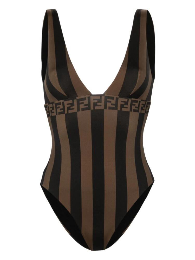 FENDI FF motif striped swimsuit - Brown Cover