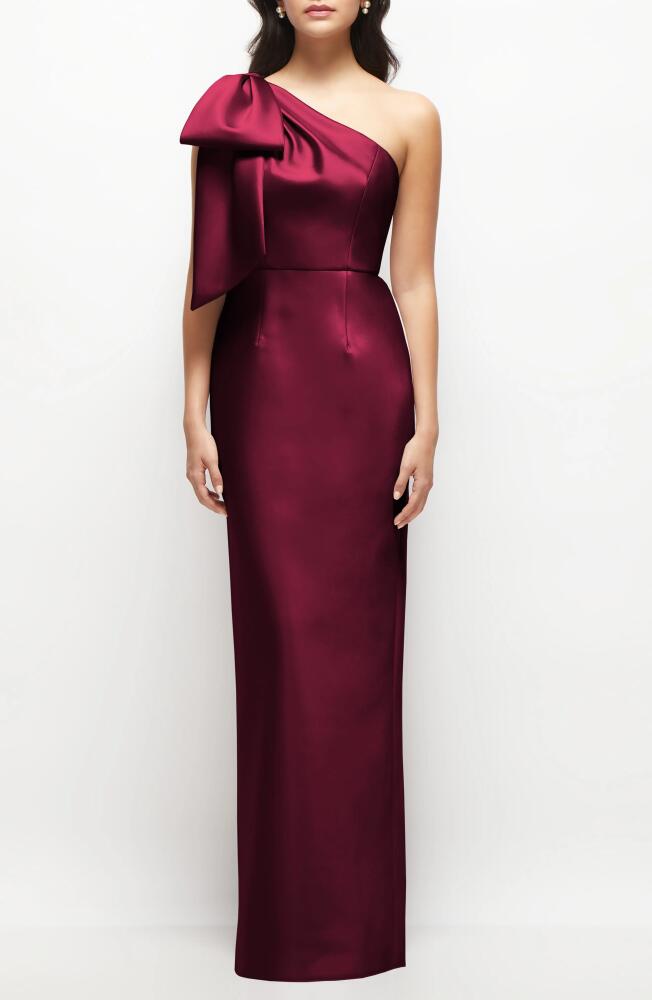 Alfred Sung Bow Detail One-Shoulder Satin Twill Column Gown in Cabernet Cover