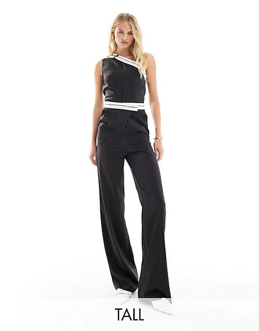 Extro & Vert Tall one shoulder pinstripe jumpsuit with waistband detail-Black Cover