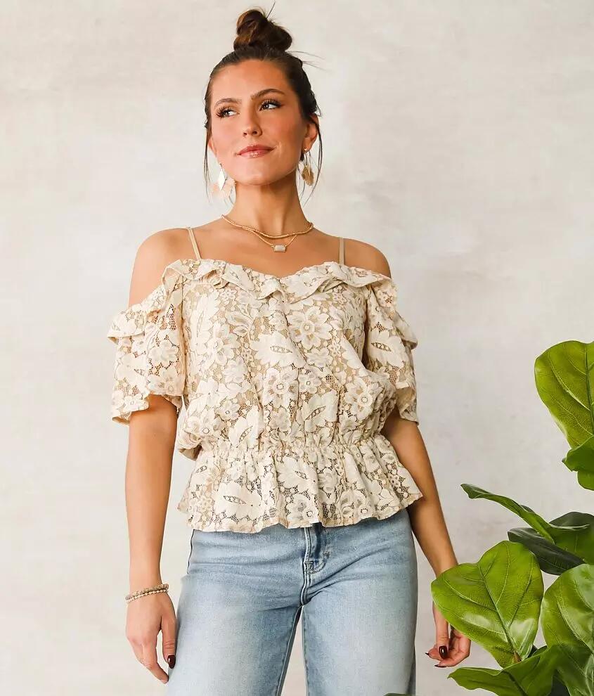 A. Peach Lace Cold Shoulder Top Cover