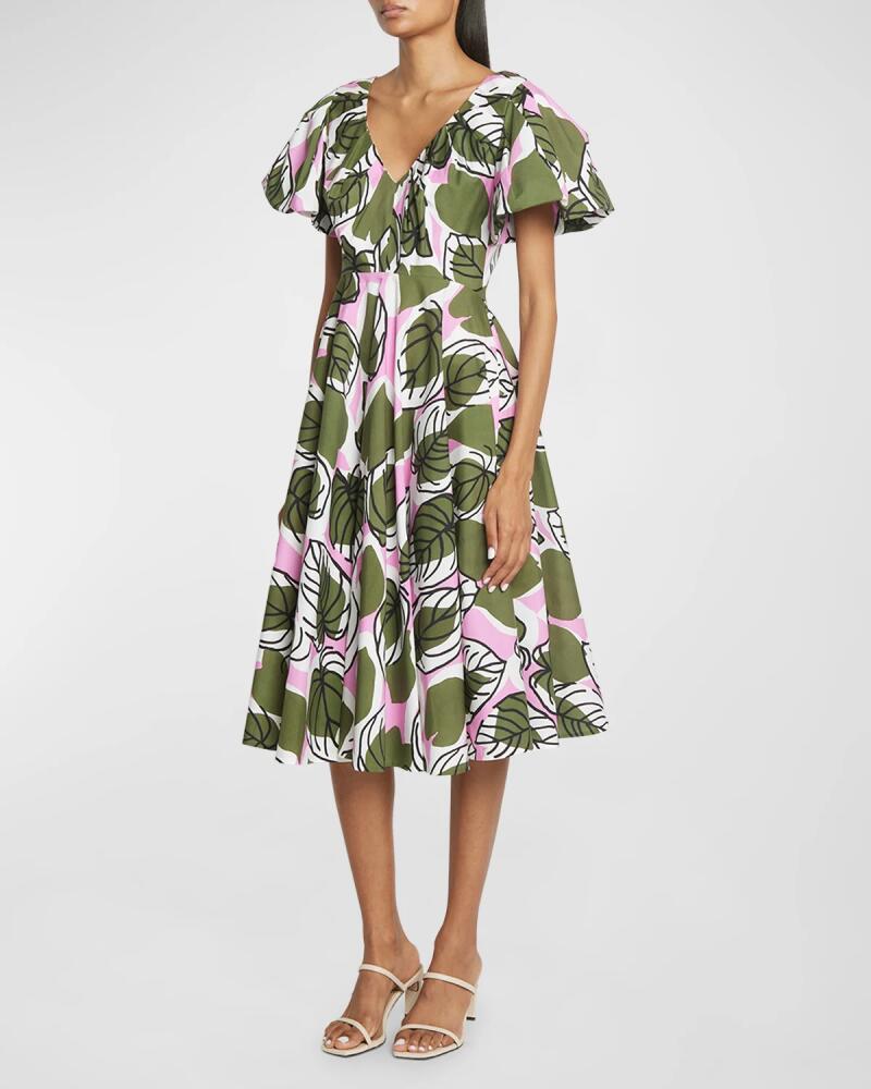 Talbot Runhof Leaf-Print Puff-Sleeve Fit-&-Flare Midi Dress Cover