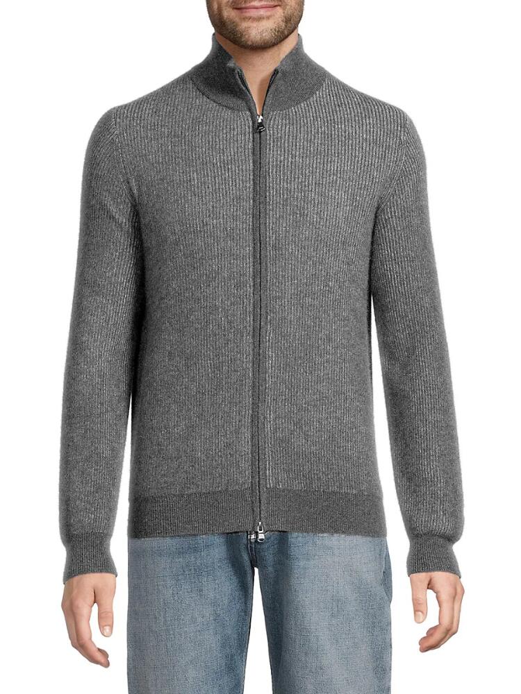 Amicale Men's Ribbed Cashmere Zip Cardigan - Light Grey Cover