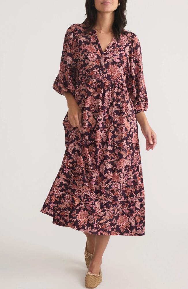 Marine Layer Lola Floral Puff Sleeve Midi Dress in Warm Floral Cover