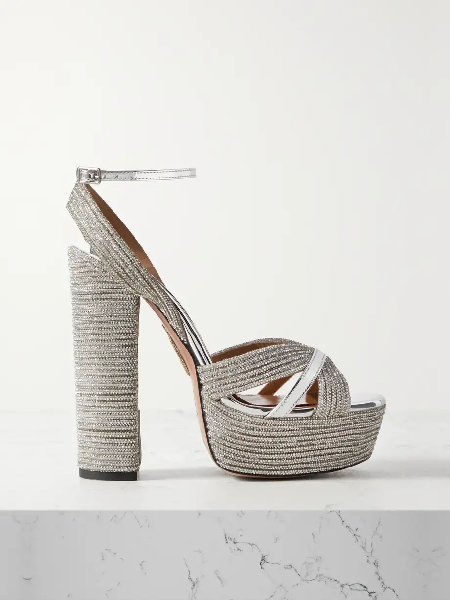 Aquazzura - Sundance 140 Crystal-embellished Metallic Leather Platform Sandals - Silver Cover