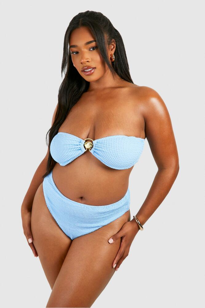 boohoo Womens Plus Crinkle Shell Bandeau High Waisted Bikini - Blue Cover