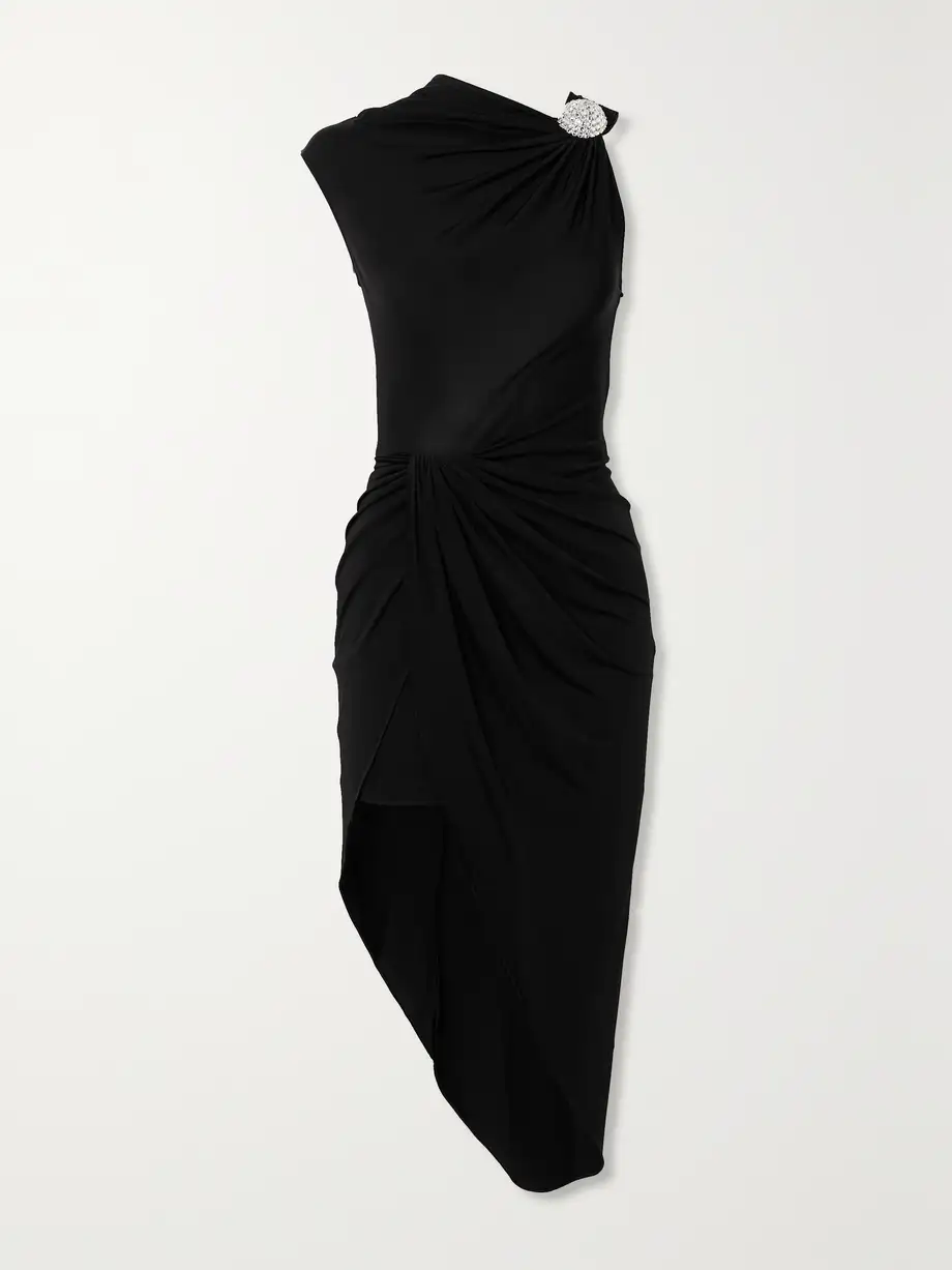 DAVID KOMA - Asymmetric Ruched Crystal-embellished Stretch-jersey Dress - Black Cover