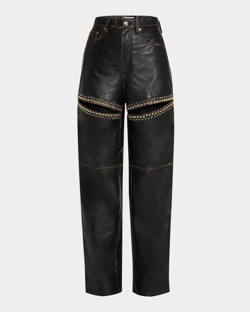 AREA Studded Slit Leather Straight-Leg Jeans Cover