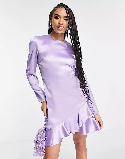 Flounce London satin long sleeve wrap mini dress in lilac-Purple Cover