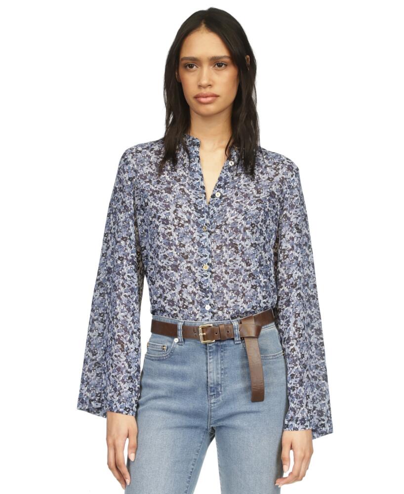 Michael Michael Kors Women's Floral-Print Button-Front Flare-Sleeve Top - Admiral Cover