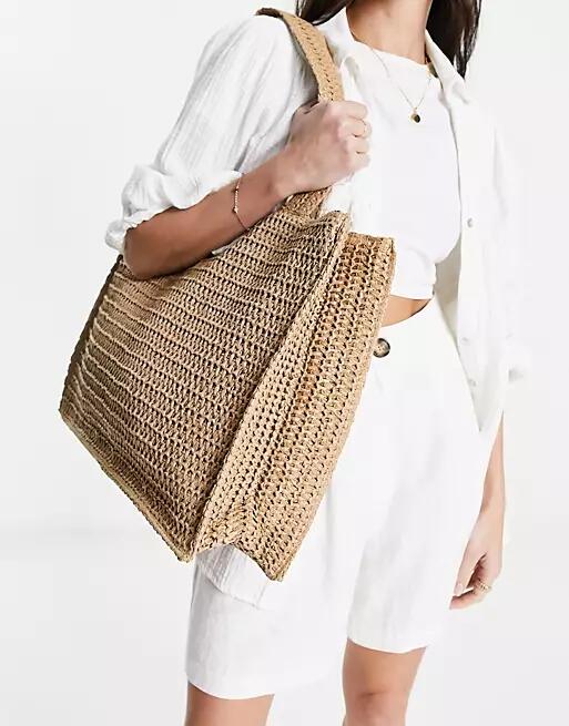 South Beach straw woven shoulder beach tote bag in beige-Neutral Cover