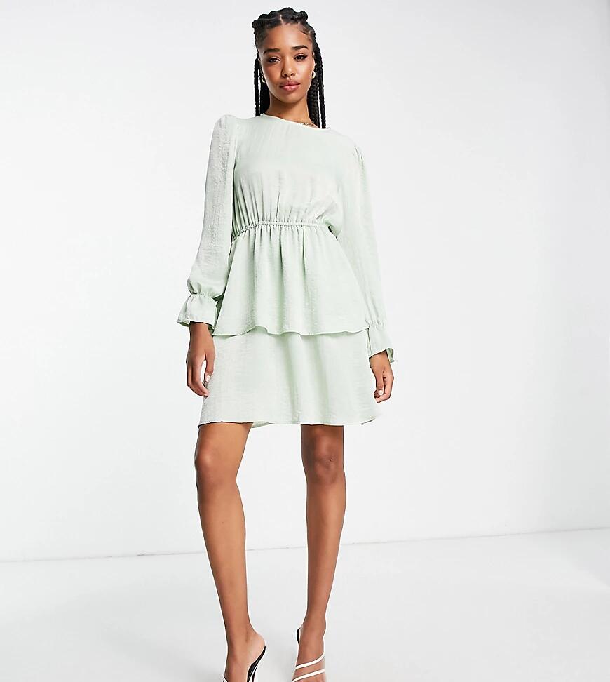 Flounce London Tall satin tiered mini dress in sage-Green Cover