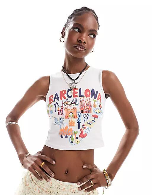 Daisy Street crop tank top with puff Barcelona print-White Cover