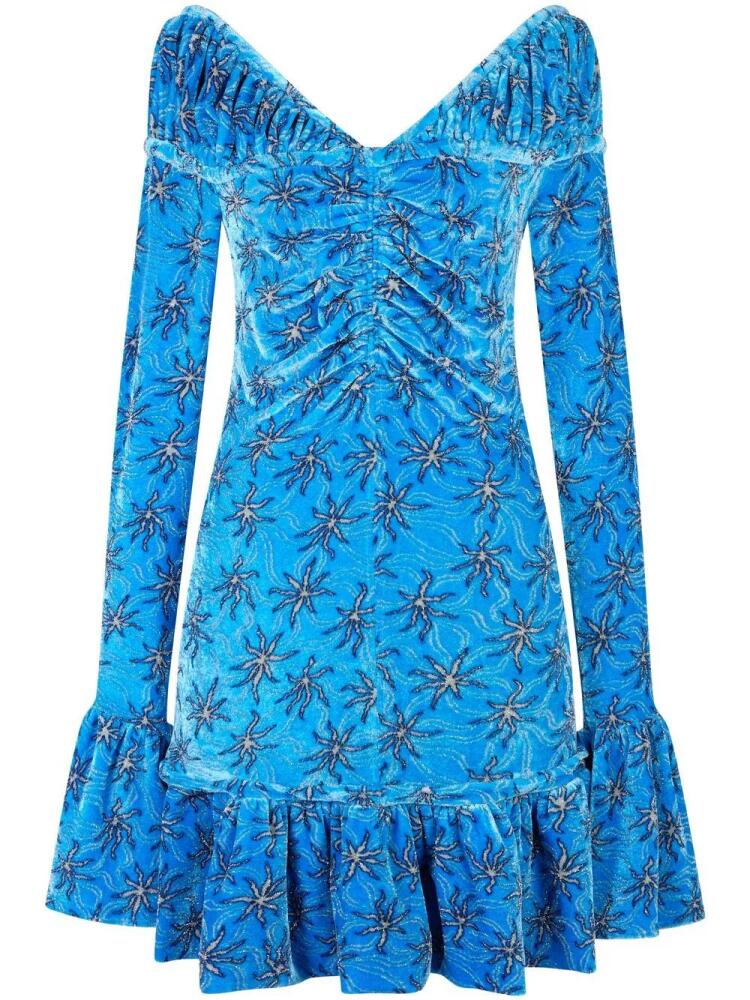 Rabanne floral-print flared velvet minidress - Blue Cover