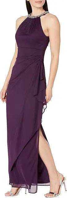 Alex Evenings Beaded Halter Long Gown with Side Ruching (Eggplant) Women's Dress Cover