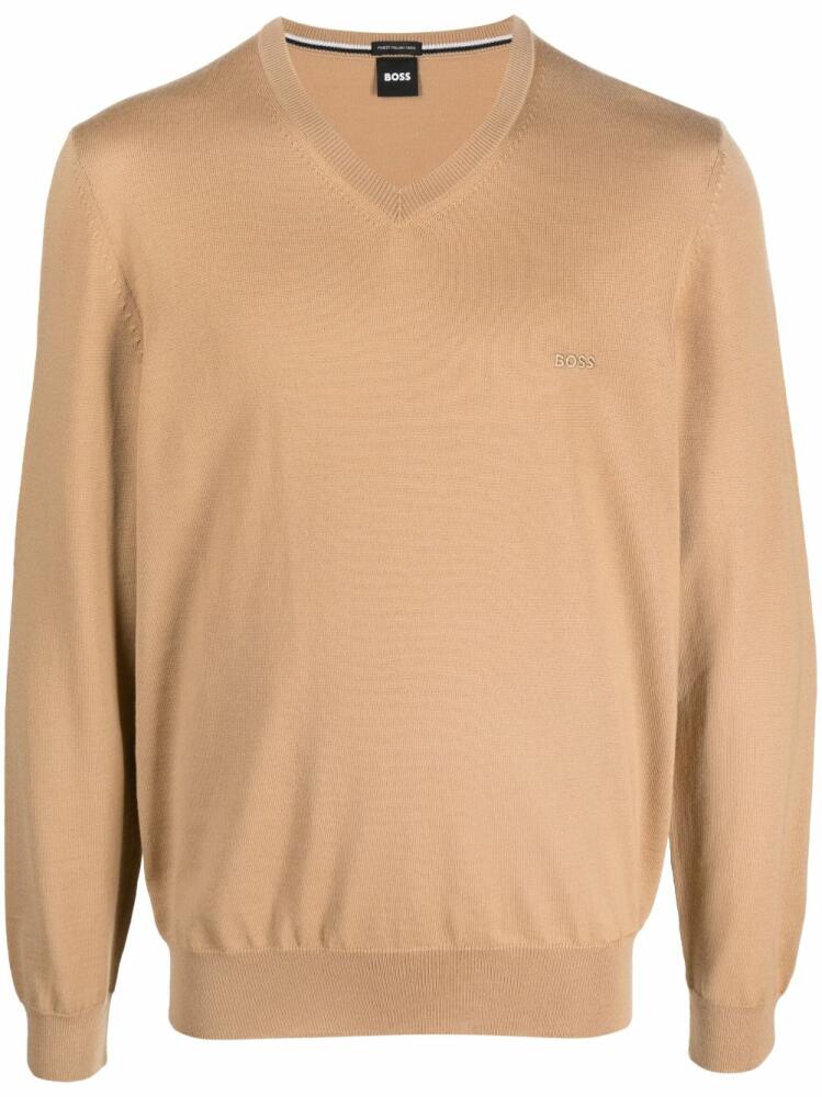 BOSS logo-embroidered V-neck jumper - Neutrals Cover