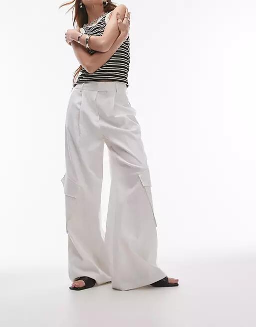 Topshop wide leg linen pants with pockets in white Cover