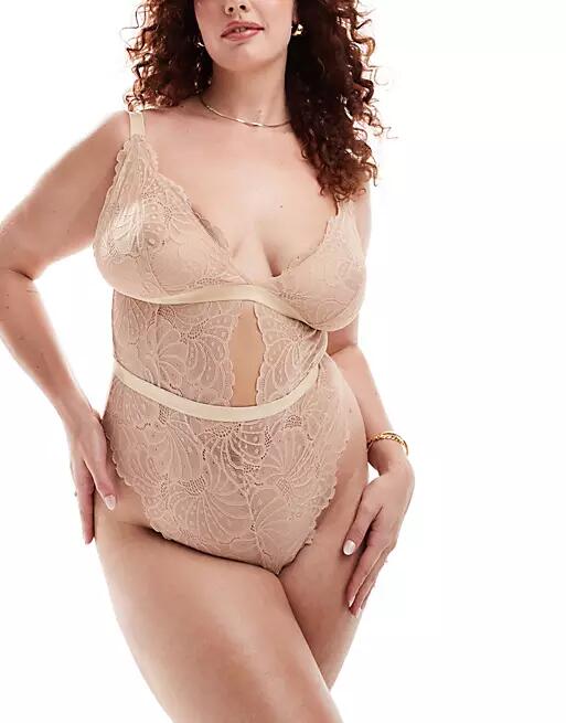 ASOS DESIGN Curve Sienna lace soft bodysuit in beige-Neutral Cover