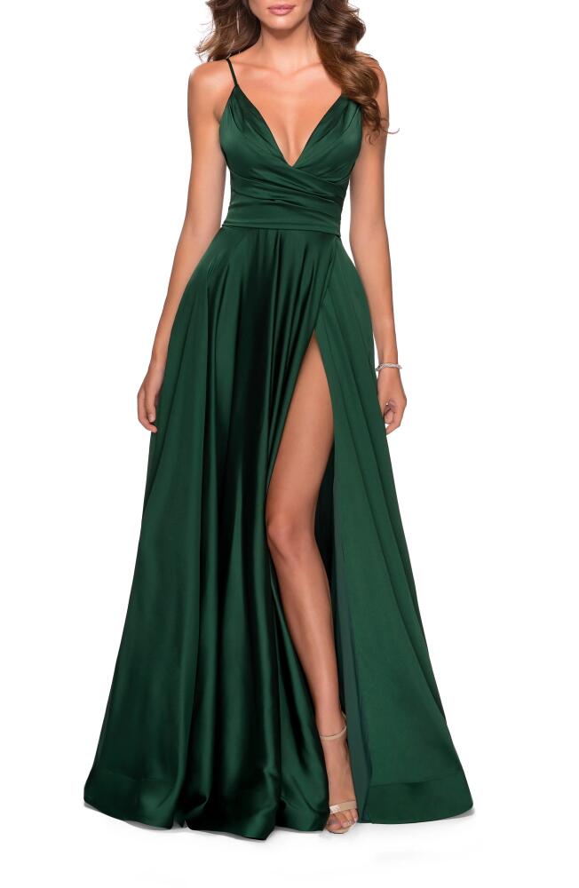 La Femme Strappy Back Satin Ballgown in Emerald Cover