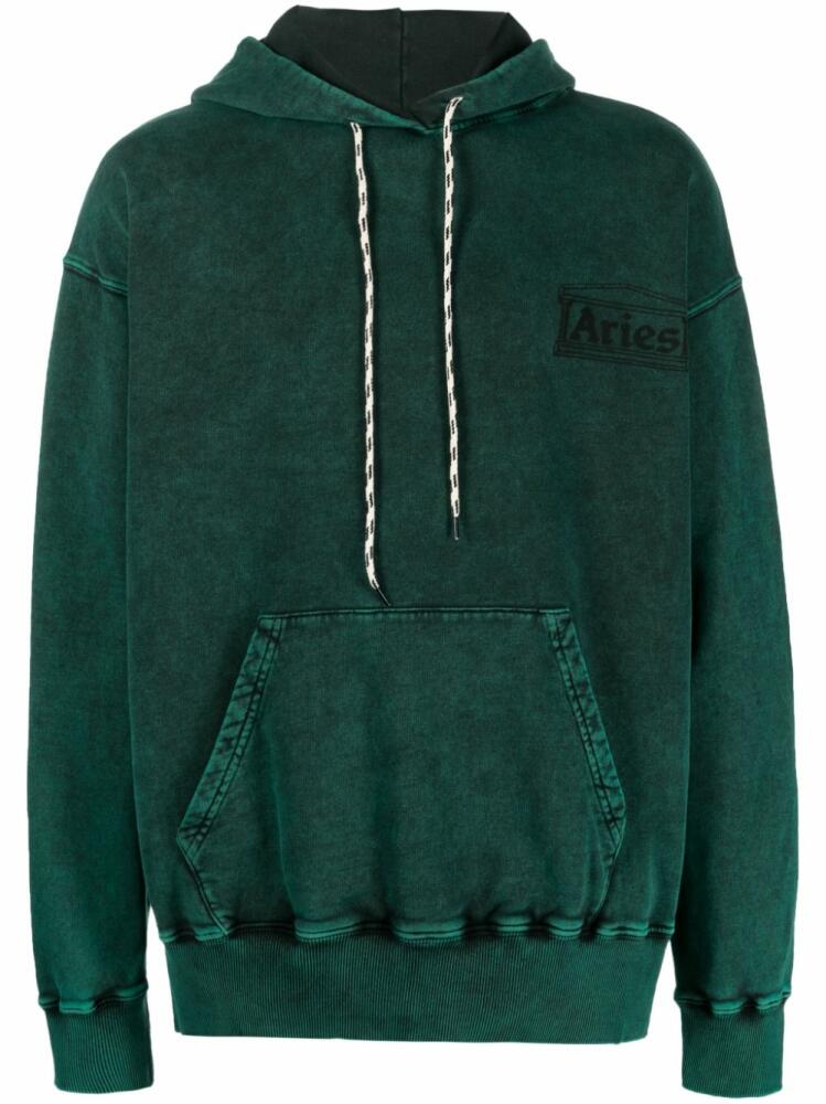 Aries logo-print distressed-finish cotton hoodie - Green Cover