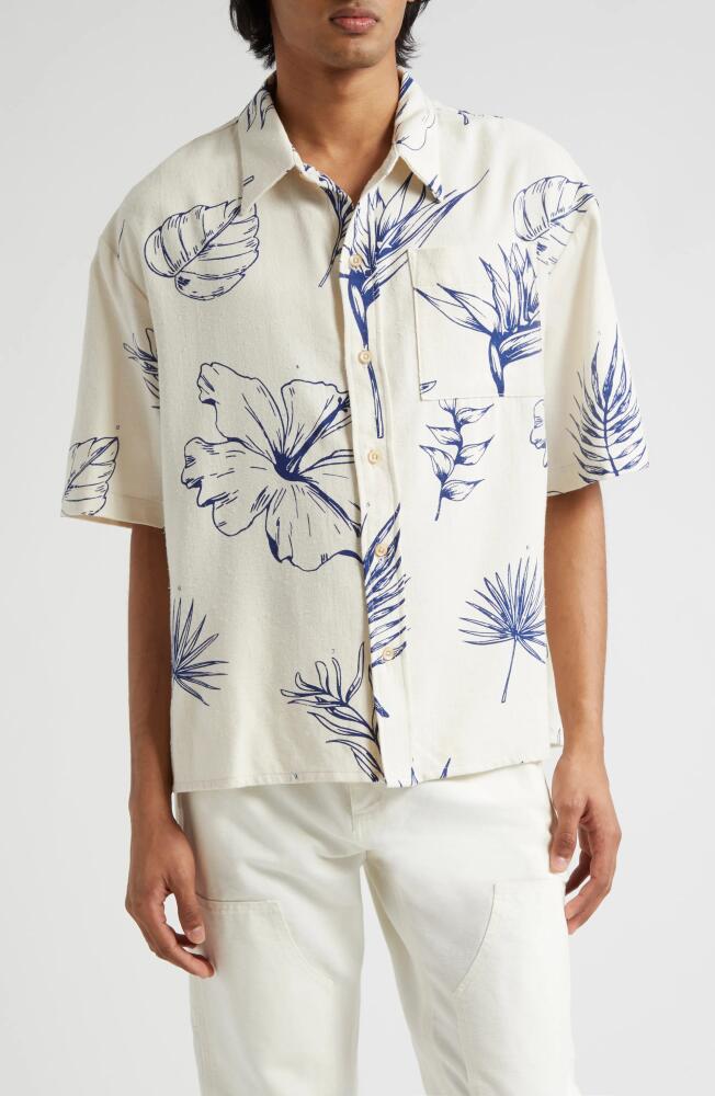 The Elder Statesman Gender Inclusive Botanic Short Sleeve Cotton & Silk Button-Up Shirt in Natural W/Atlantic Cover