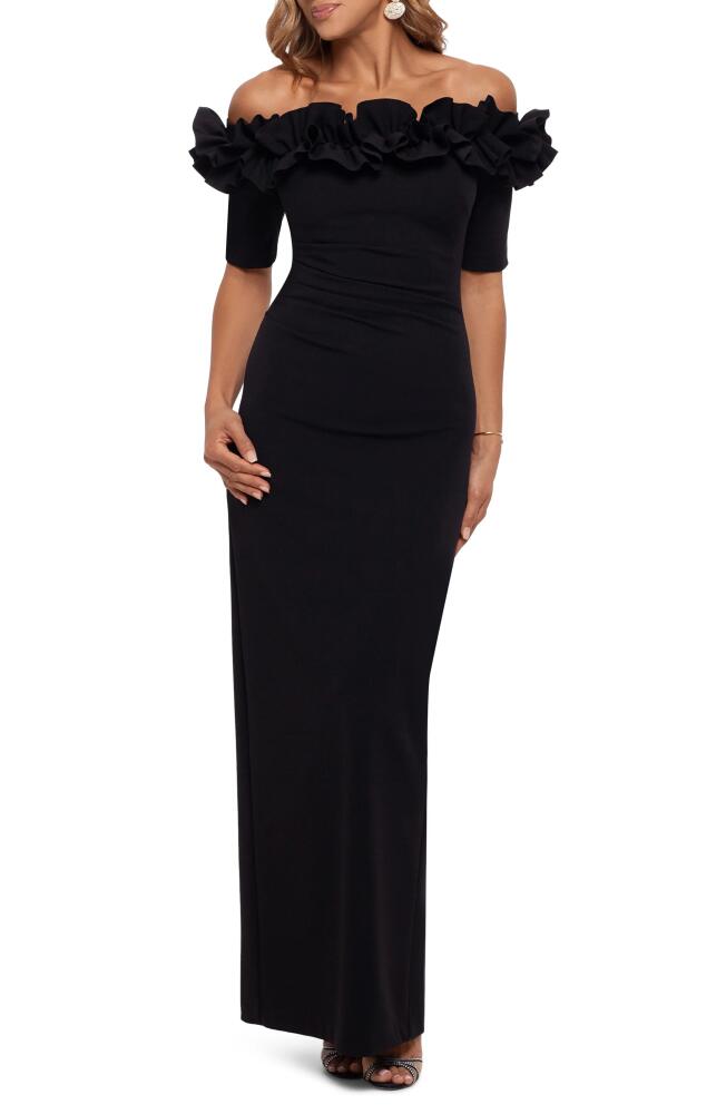 Xscape Evenings Xscape Ruffle Off the Shoulder Crepe Column Gown in Black Cover