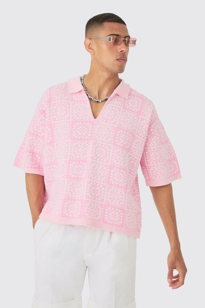 boohoo Mens Oversized Boxy Crochet Knitted Polo - Pink Cover