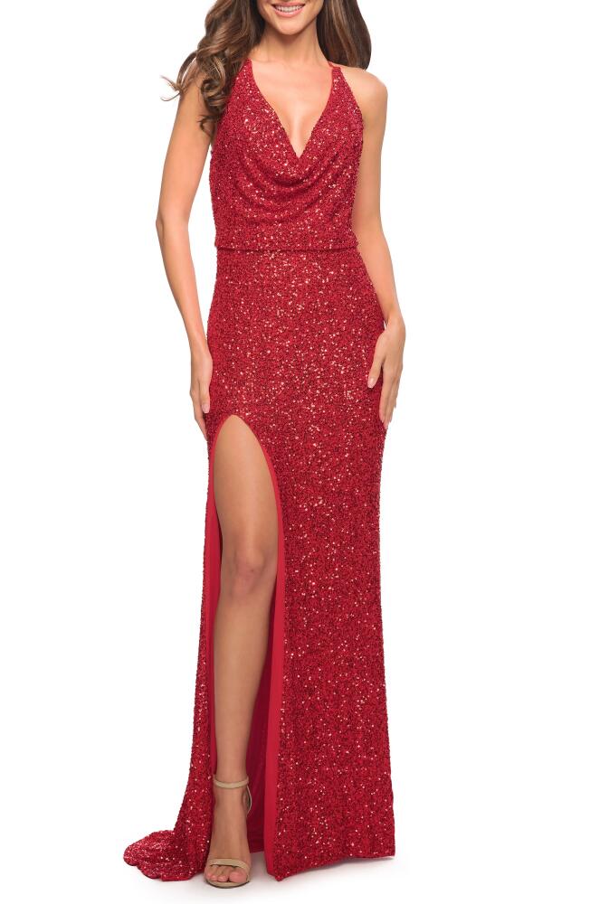 La Femme Sequin Sleeveless Gown in Red Cover