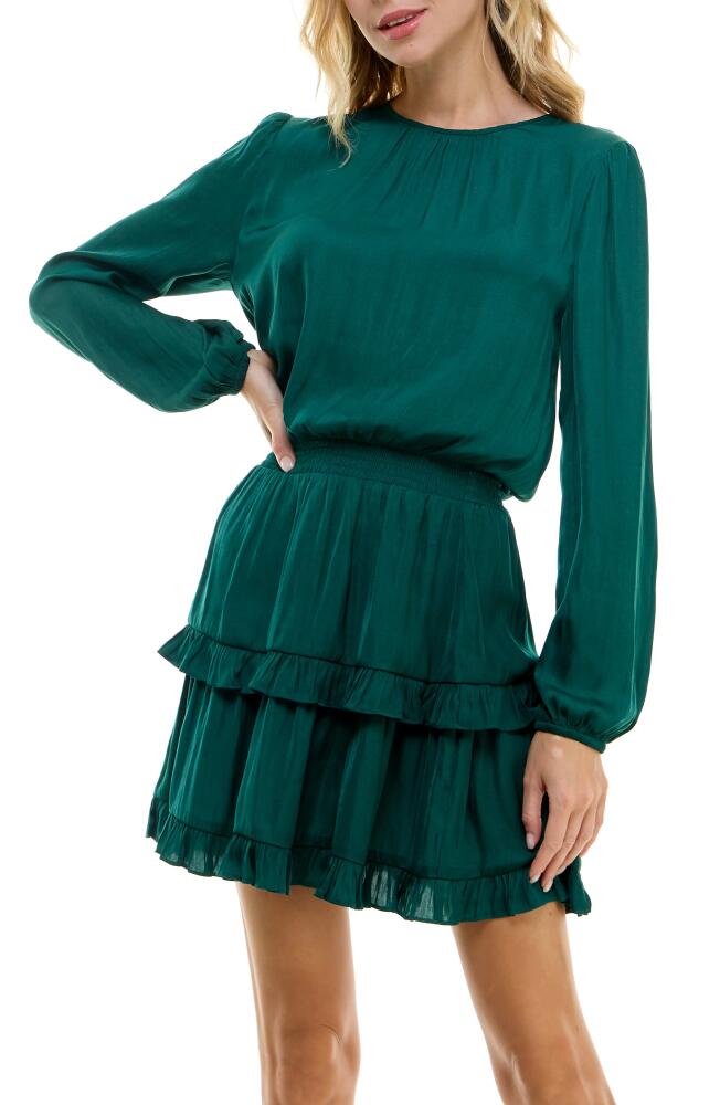 Socialite Smocked Tiered Long Sleeve Satin Dress in Green Botanical Cover