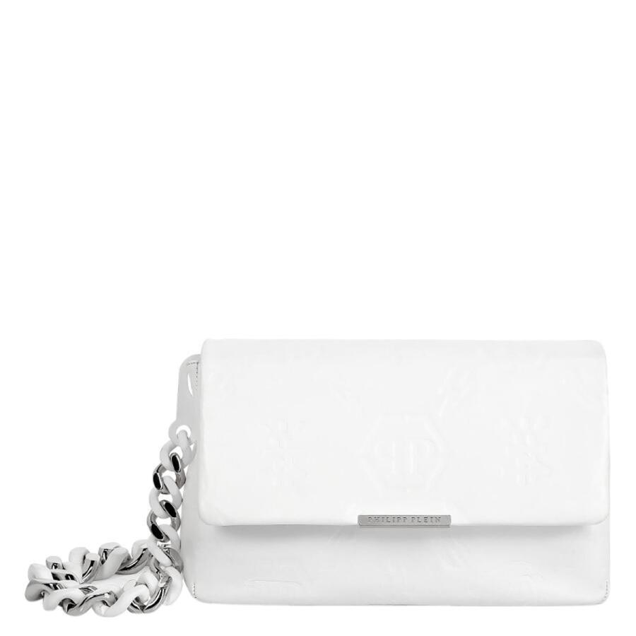 Philipp Plein White Leather Shoulder Bag with Embossed Monogram Cover