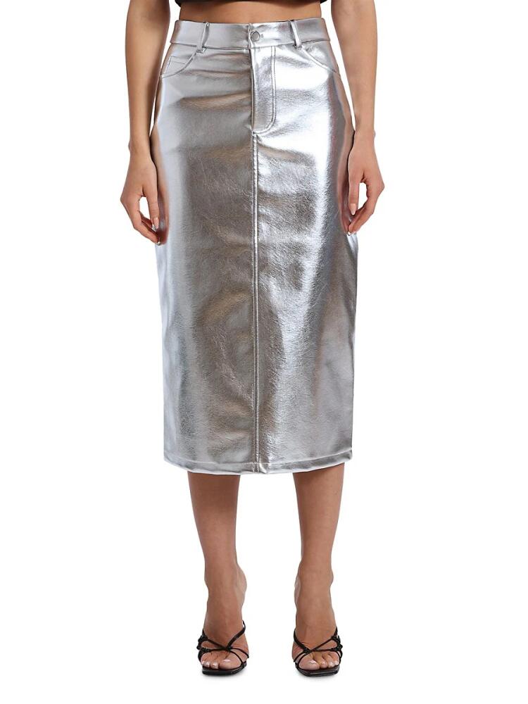 Avec Les Filles Women's Metallic Faux Leather Midi Skirt - Silver Cover