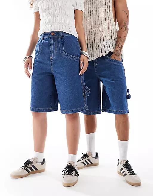 Reclaimed Vintage unisex longer length denim carpenter jorts in indigo-Blue Cover