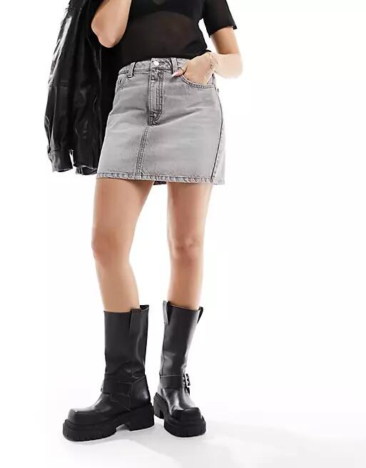 ASOS DESIGN denim high waist mini skirt in wash gray Cover