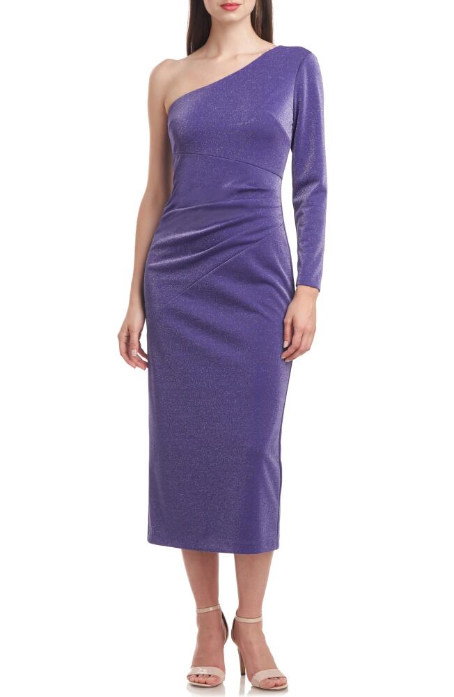 JS Collections Maddie Metallic One-Shoulder Single Long Sleeve Cocktail Midi Dress in Blueberry Cover