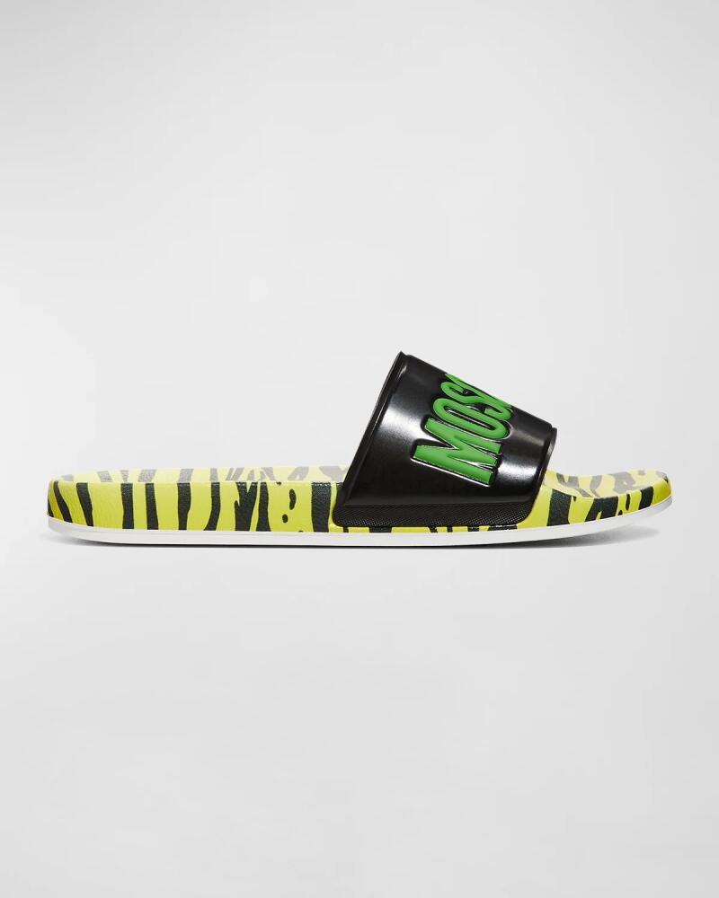 Moschino Men's Tigerstripe Logo Rubber Pool Slides Cover