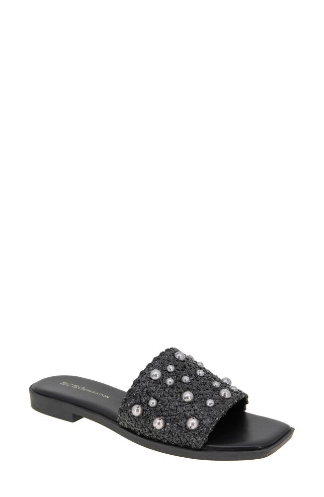 bcbg Lonnie Imitation Pearl Slide Sandal in Black Raffia Cover